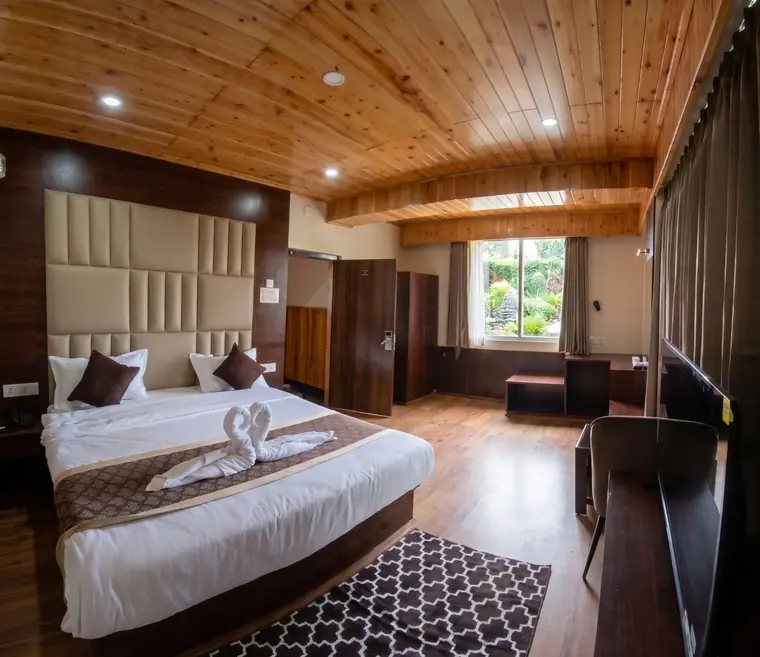 Premium room with patterned rug, work desk and mountain-facing window